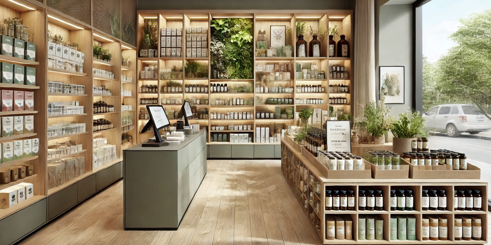 Scaffalature per tisane e infusi erboristeria, esposizione ottimale, scaffalature in legno, illuminazione calda.