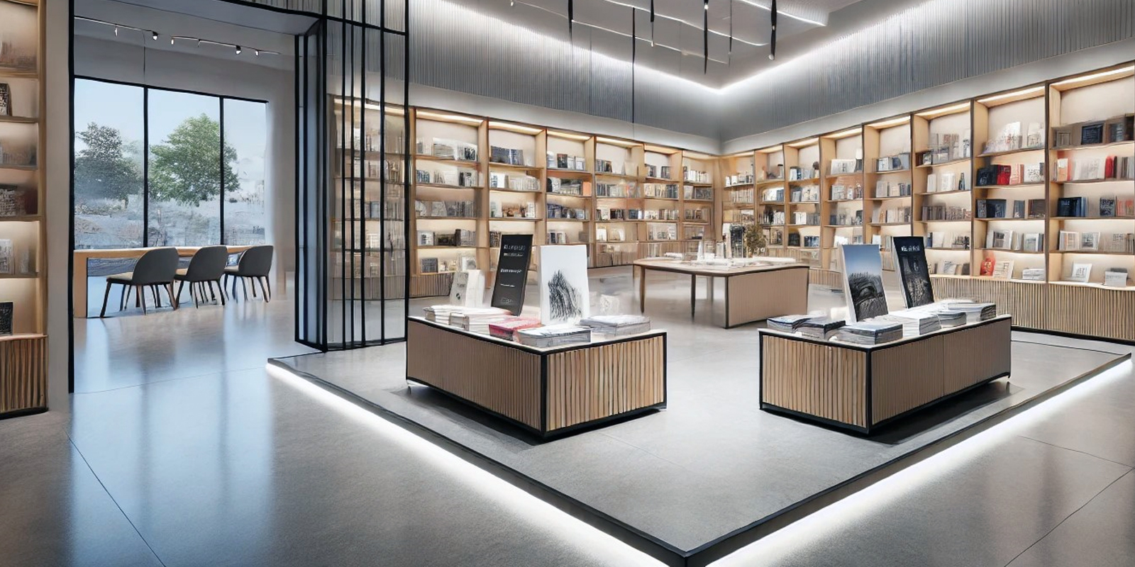 Tavoli e sedute per la lettura libreria, design ergonomico, illuminazione integrata, spazio per lettura