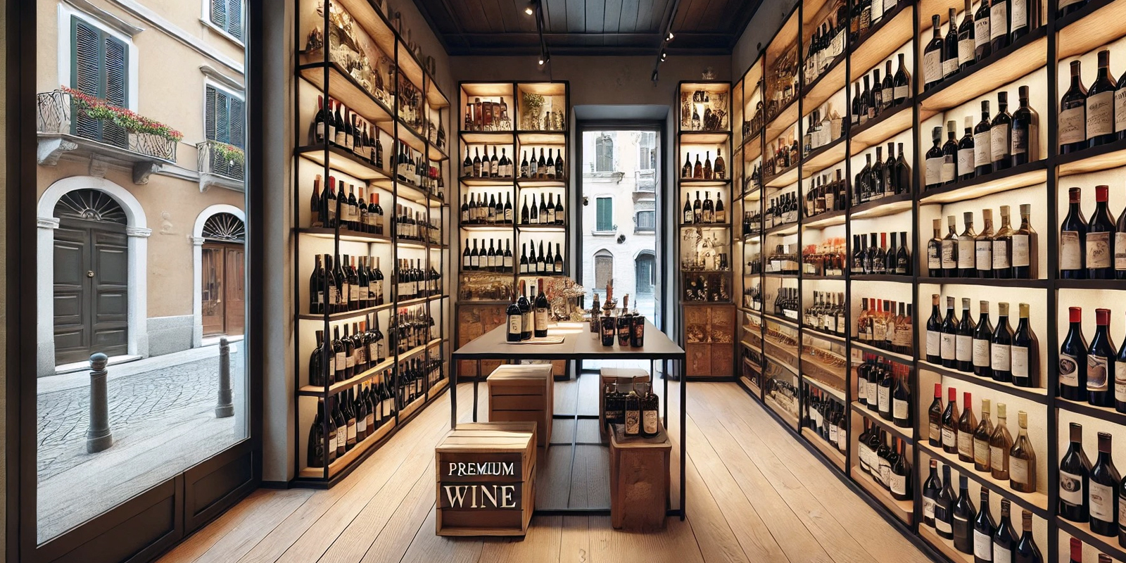 Area lounge per degustazione vini all'interno di un'enoteca arredata da Markagency