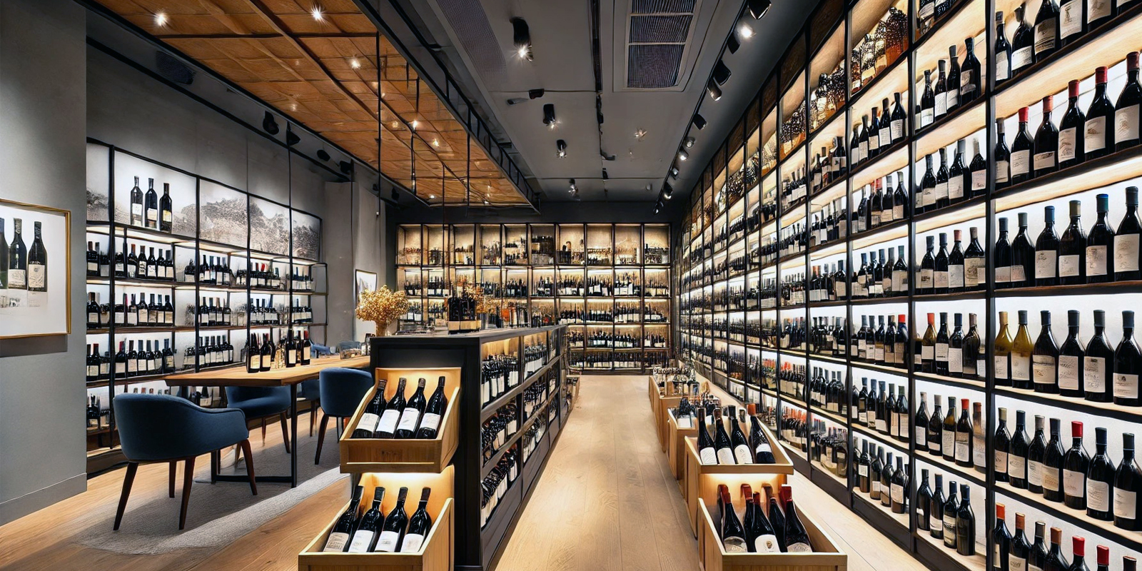 Scaffalature in legno e metallo per arredo enoteca in stile moderno