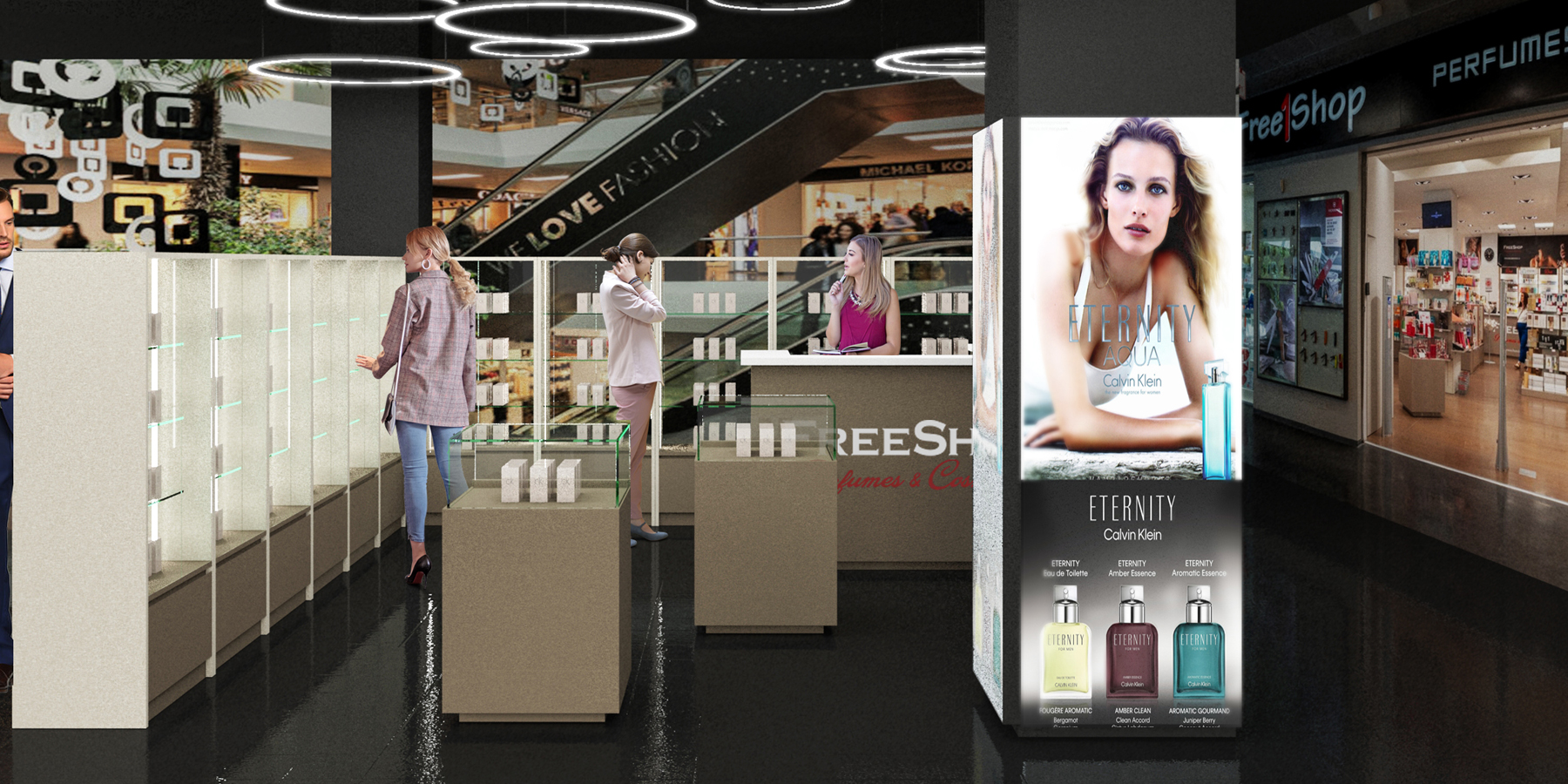 Isola centro commerciale profumeria Freeshop arredato Markagency, design moderno e funzionale, ottimizzazione spazi, aumento vendite